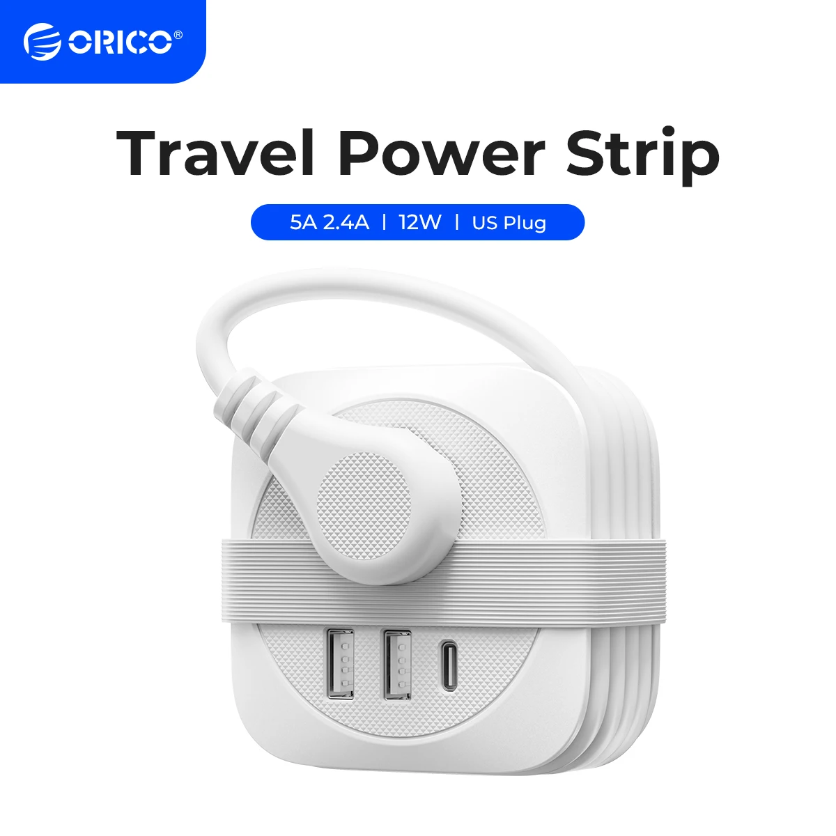 

ORICO US Power Strip Travel Adapter Smart Plug Multiple Extension Socket with 2 USB Ports Type C Fast Charge for Travel Office