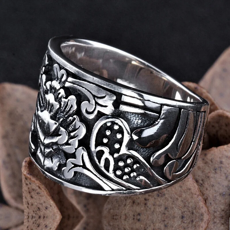 Unibabe Brand New 925 Sterling Silver Carved Flower Wide S925 Ring Band Retro Thai Silver Creative Jewelry For Men Male (HY)