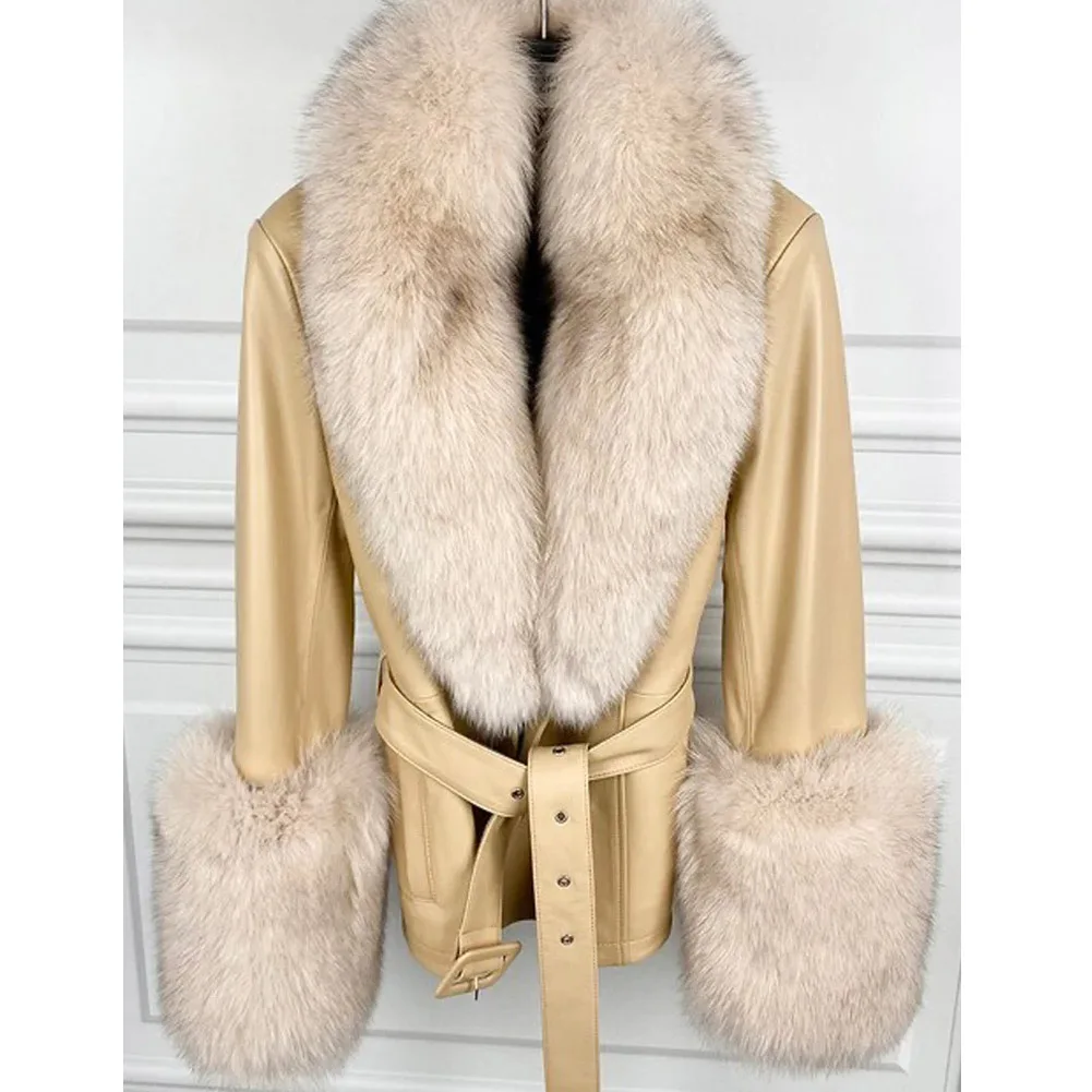 Denny&Dora Women Beige Real Fox Fur Collar Genuine Leather Coat Trench Coat Short Fur Jacket