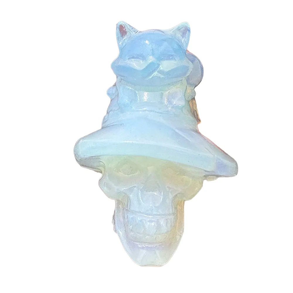 Custom Synthetic Opal Witch Hat Skull with Cat Figurine - 5.5cm Hand-Carved Crystal Gothic Statue for Collectible Decor