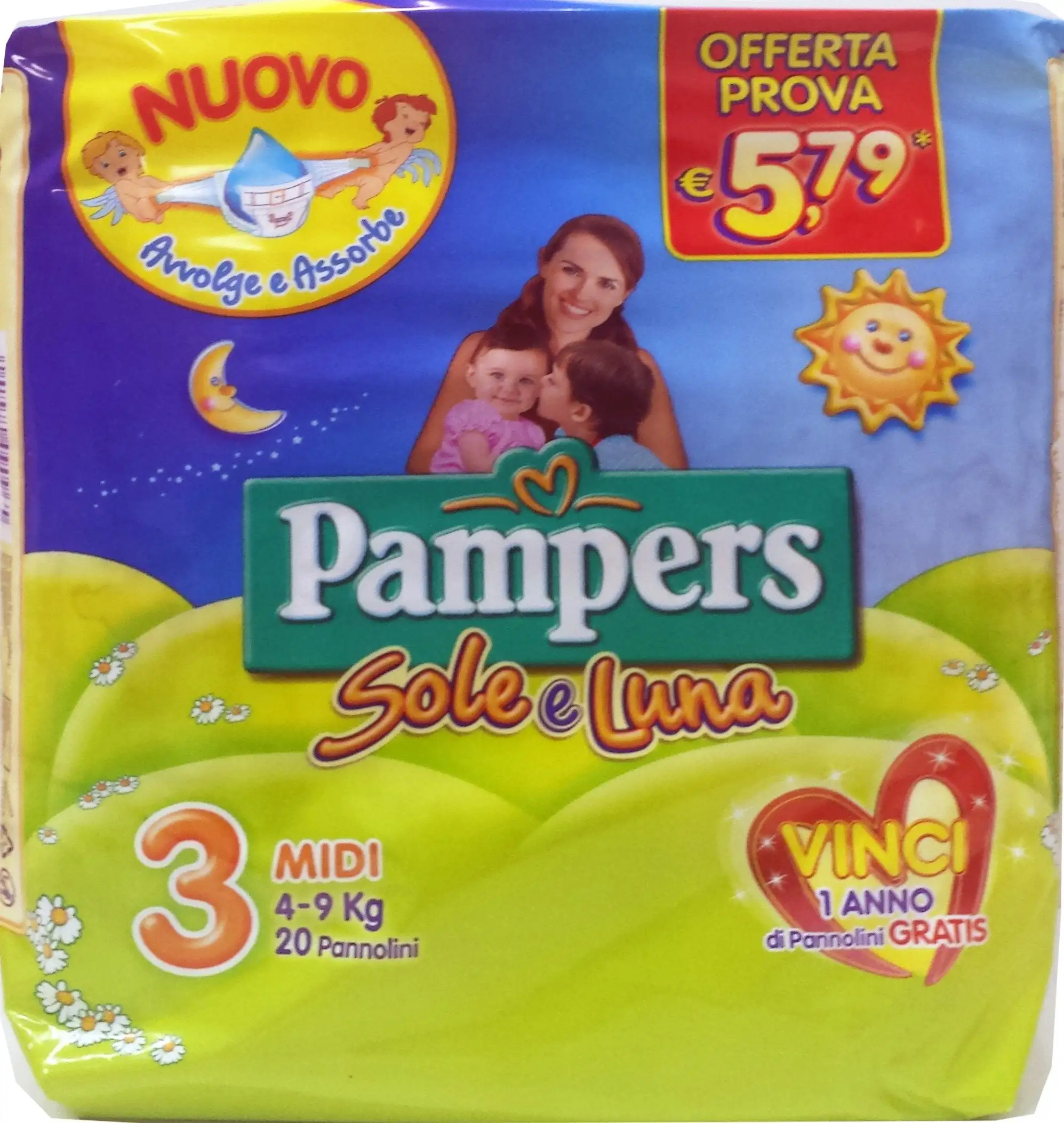 6 x PAMPERS Pannol.Bim. Sun & Moon Midi 4-9Kg Rozmiar 3 20 szt.