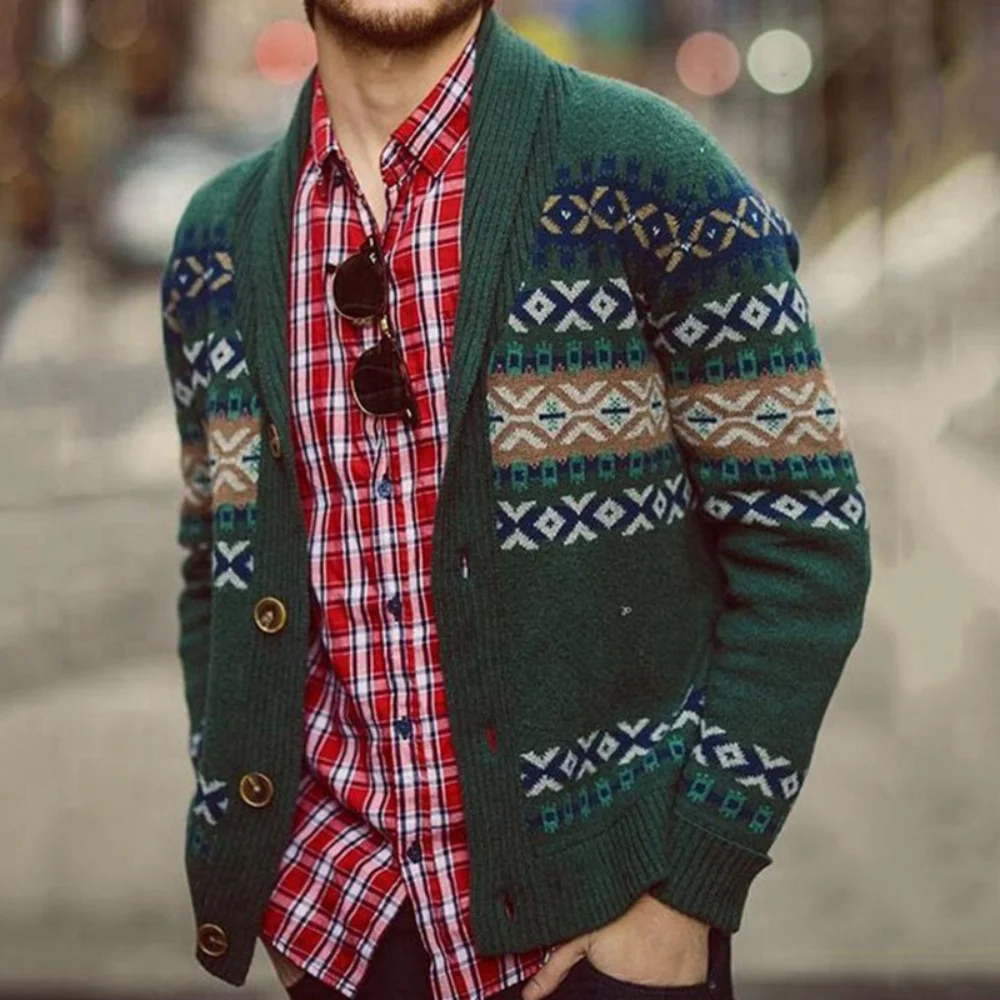 Winter Green Crocheted Sweater Christmas Coat Men\'s Knitted Cardigan Lapel Long-Sleeved Crocheted Sweater Jacket for Men M-3XL