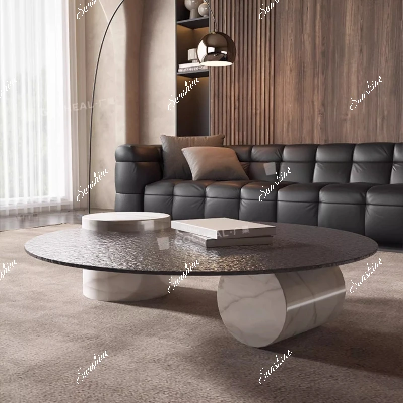 

Italian minimalist small apartment living room round coffee table marble water ripple, hot melt tempered glass
