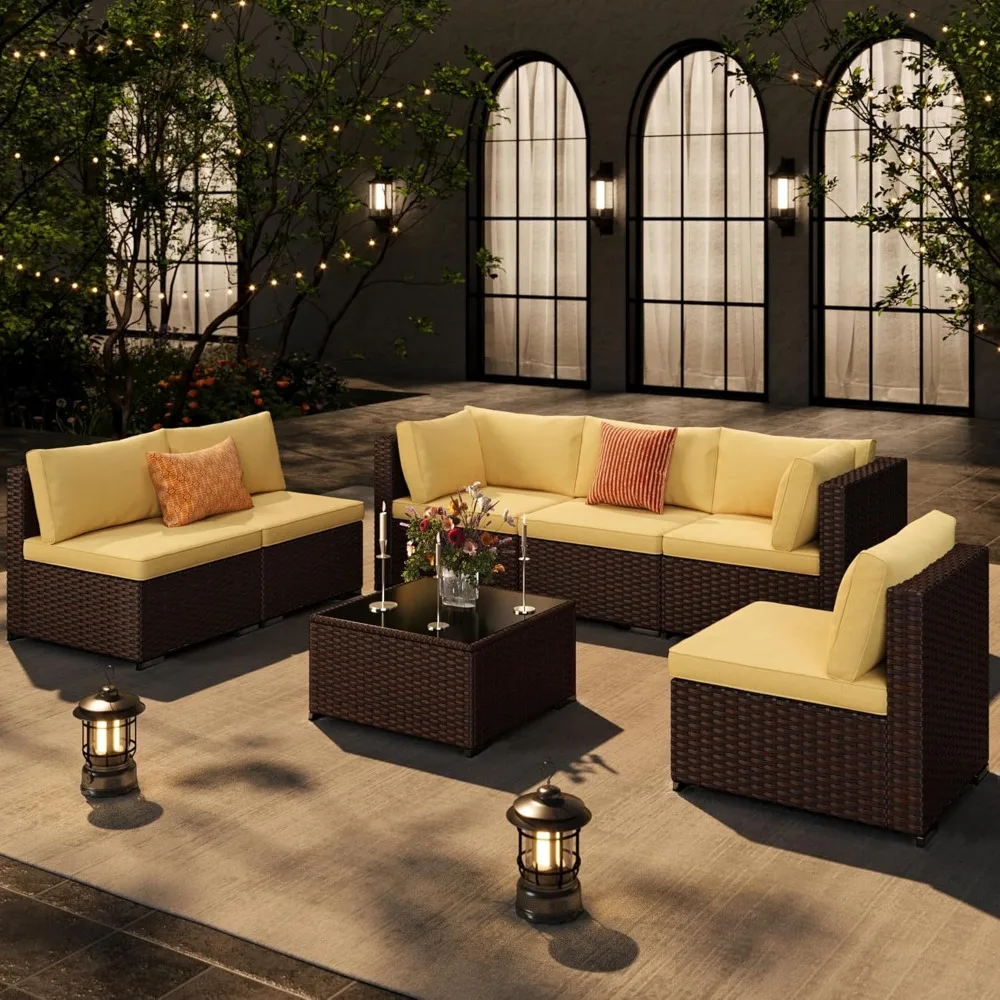 

7-Piece Patio Furniture Set, Outdoor Sectional Couch with Water-Resistant Cushions & Coffee Table, PE Rattan Outdoor Patio Sofa
