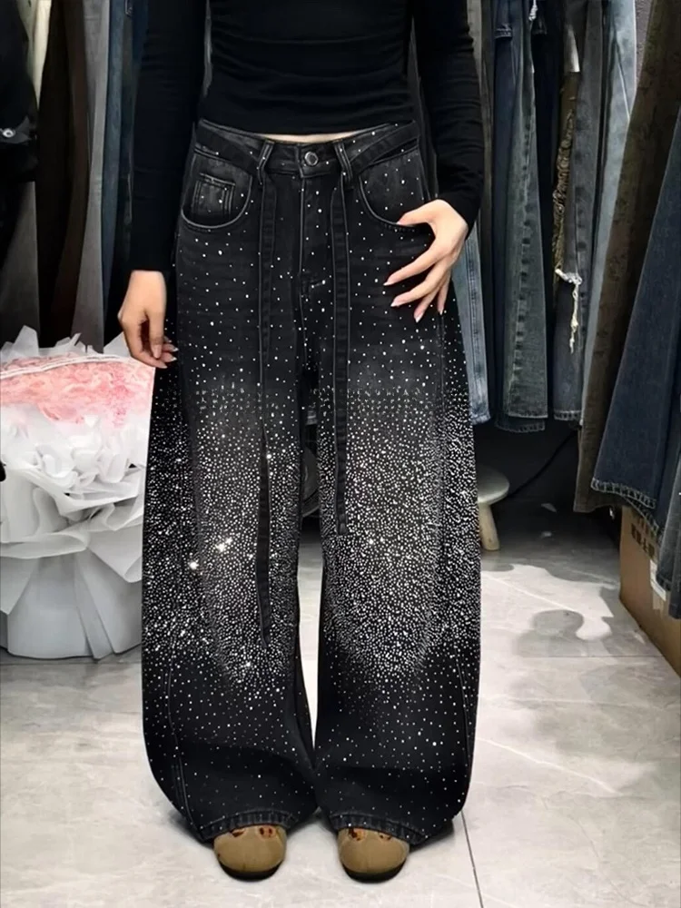 

American High Street Design Starry Bright Diamond Splicing Jeans Women Sexy Retro Faion Match Floor-Length Pants