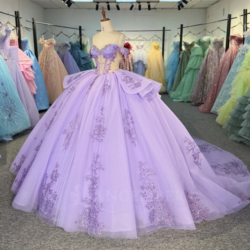 

Лавандовые блестящие платья Quinceanera с открытыми плечами и блестками, аппликация, кружево, бисер, хрустальный бант, тюлевой корсет, вечерние, день рождения, сладкий 16