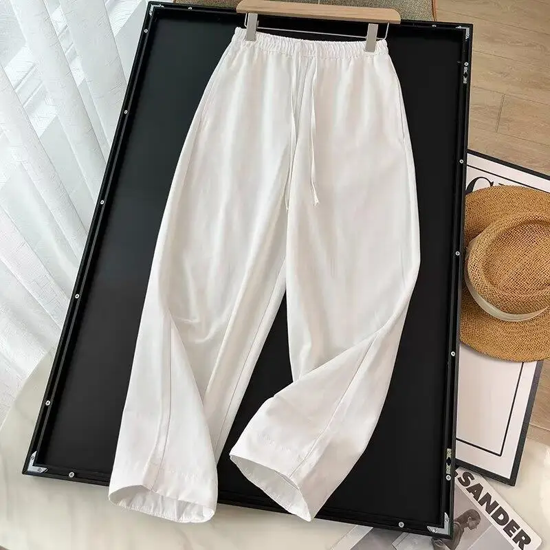 Donegirl 2024 Spring Summer New Women Fashion Drawstring Elastic Waist Wide Leg Pants Commute Versatile Trousers Female Chic