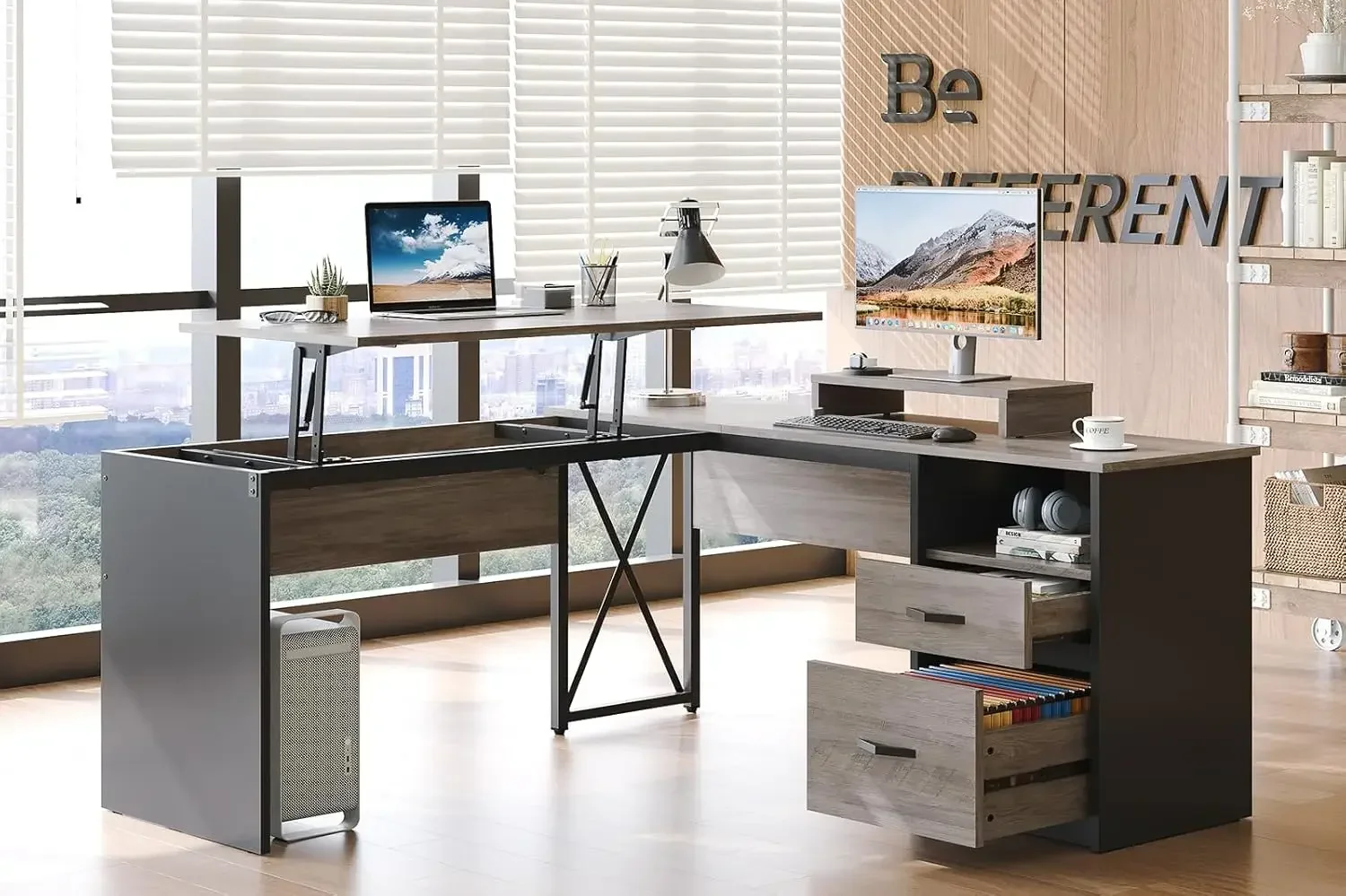 Lift Top L Shaped Desk with File Drawer, 55'' x 55'' Office Desk with Reversible Storage Drawers