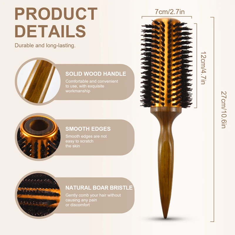 Straight Twill Hair Comb Natural Boar Bristle Rolling Brush Round Barrel Blowing Curling DIY Hairdressing Styling Tool