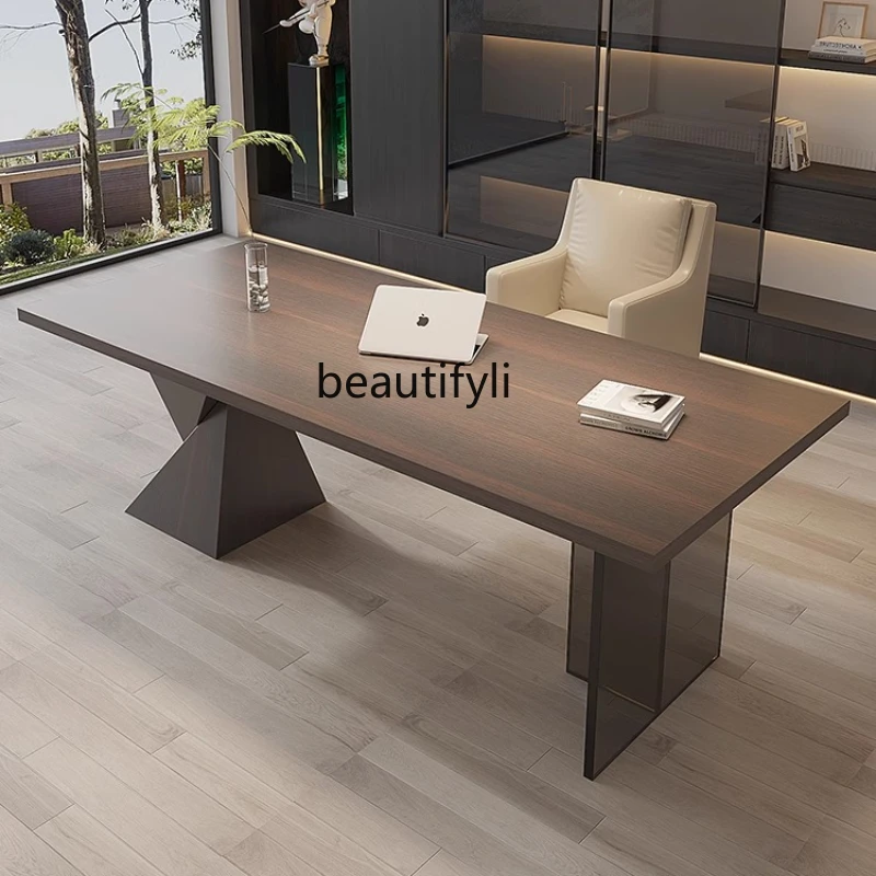 

Italian minimalist light luxury solid wood desk modern home living room high sense large long table office computer desk