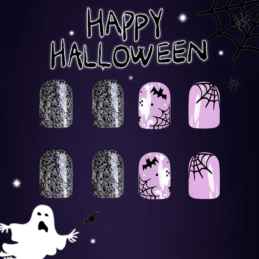 24Pcs Short Oval Halloween Press on Nails Black Spider Web Bat Fake Nail Cute White Ghost Wearing Nail Art for Women and Girl