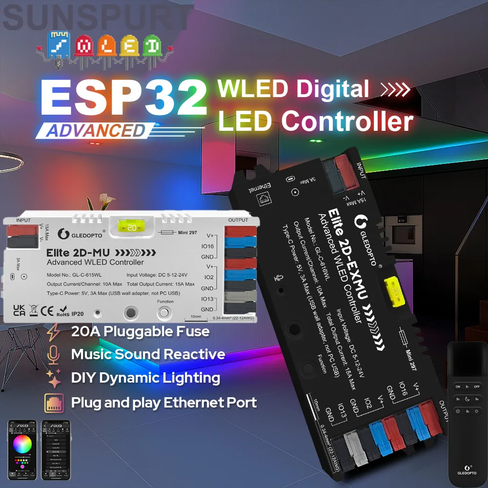 

1-10Tuya wifi Zigbee Elite 2D-EXMU Advanced WLED ESP32 Controller 5V 12V 24V APP Control DIY Ethernet for RGBIC LED Strip Lights