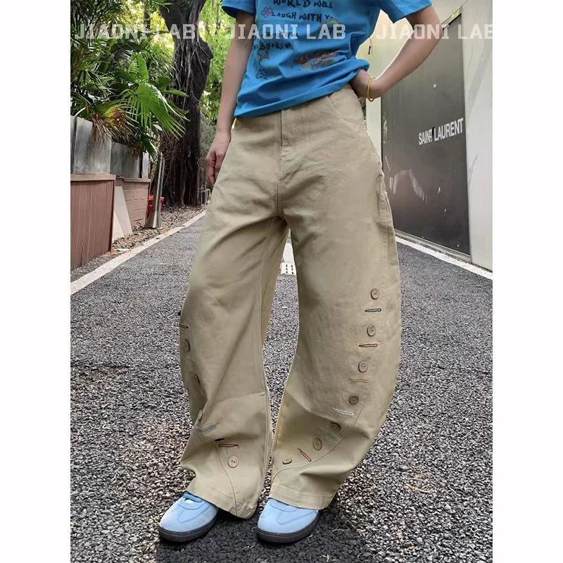 Frauen Khaki Y2k Wash Vintage Button Jeans 2025 Herbst Harajuku Baggy Breite Bein Denim Hosen Ästhetische 2000er Jahre Hosen Kleidung