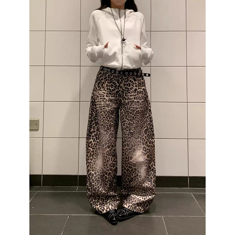 YIBASHU Women Black Y2k Baggy Leopard Print Jean Aesthetic 2000s Style Jean Pants Vintage Harajuku Oversize Denim Trousers Winte