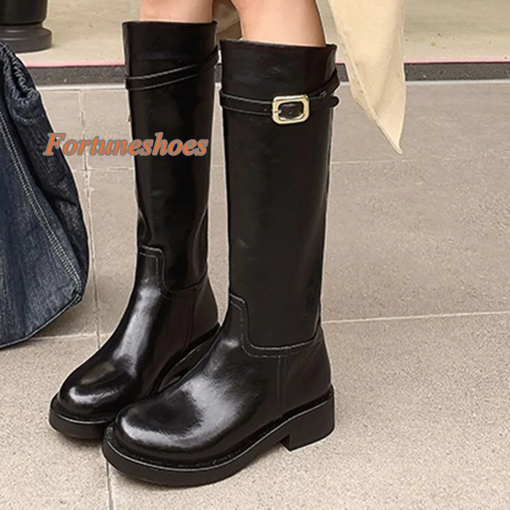 Belt Buckle Slip On Boots Knee High Round Toe Solid Chunky Heel Boots Fashion Casual 2025 New Arrivals Autumn/winter Boots