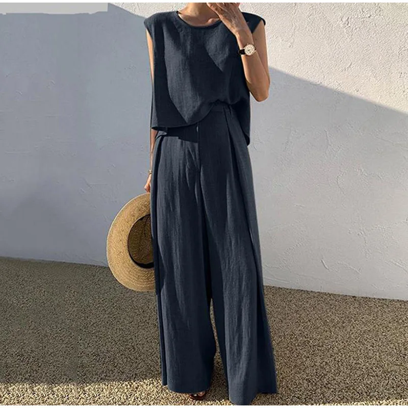 Two Piece Sets Women Pant Set Solid Casual Loose Round Neck Sleeveless Tops High Waist Wide Leg Long Pants Splice 2024