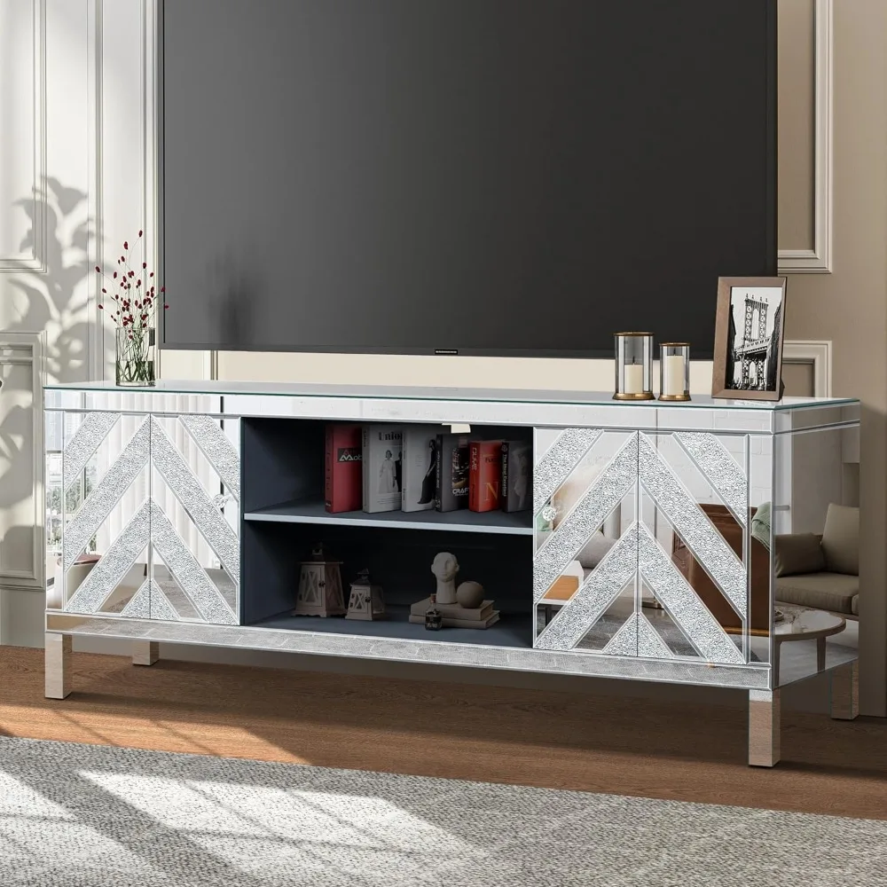 Mirrored TV Stand, M Shaped Sparkling TV Stand with Mirrored Doors, TV Cabinet with Open Shelves and 2 Storage Cabinets