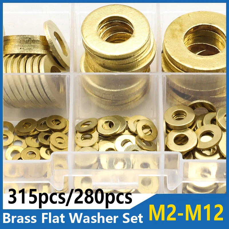 315pcs 280pcs Brass Flat Washer Set M2-M12 Metric Brass Plain Washer Flat Gasket Fastener Pure Copper Ring for Screw Bolt