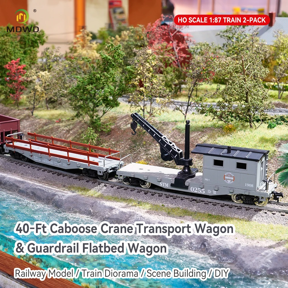 HO Scale 1:87 Train Car 2Pcs Set,Crane Caboose&Flat Wagon with Railings,Railway Model Railroad Sand Table Scene Collection Toy