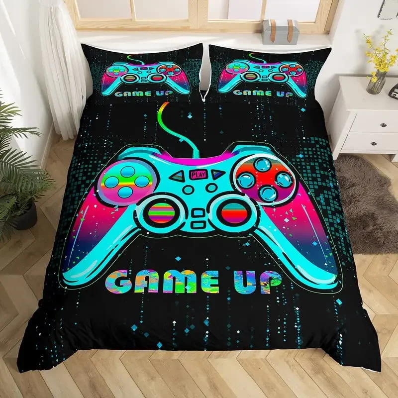 Gaming Bedding Set Hippie Graffiti Game Duvet Cover Set King Gamer Neon Purple Pink Quilt Cover Modern Gamepad Bedspread Cover