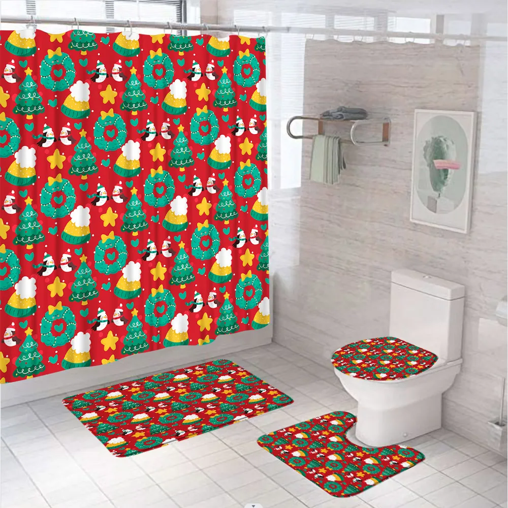 

4Pcs Christmas Tree Shower Curtain Set Non-Slip Rug Toilet Lid Cover Bath Mat Xmas Decor Cartoon Penguin Bathtubs Curtains Home