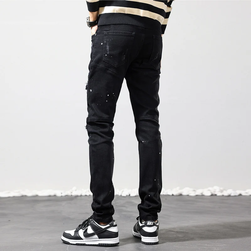 High Street Fashion Men Jeans Black Elastic Stretch Slim Fit Painted Ripped Jeans Beading Patched Designer Hip Hop Pants Hombre