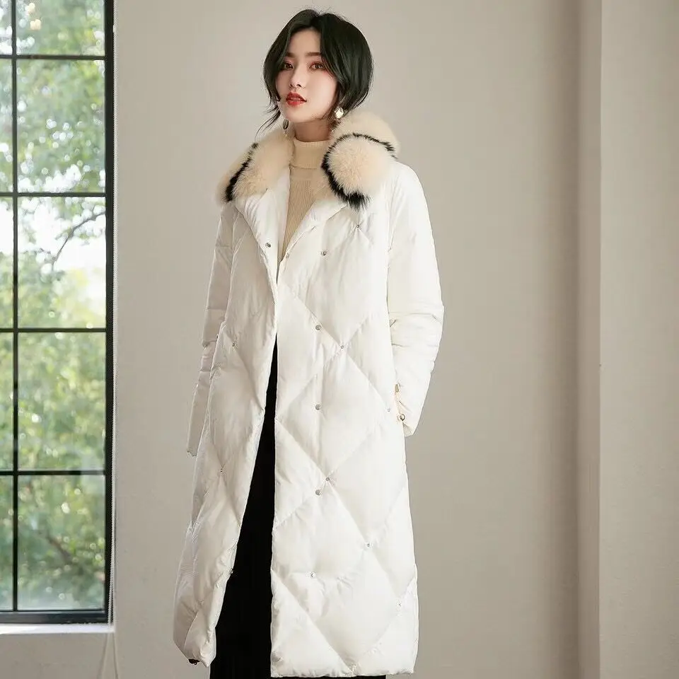 Winter hot style star with new high-end temperament loose buckle diamond warm white duck down down jacket coat