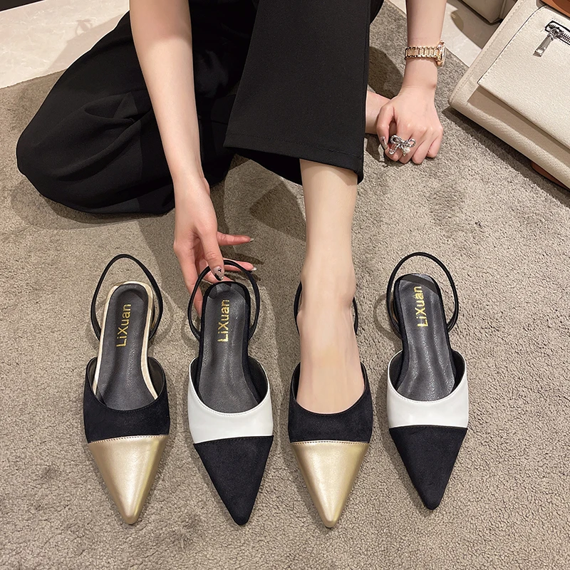 2022 nowe letnie damskie czółenka Pointed Toe Back sandały Slingback damskie obcasy elegancki wygląd Colorblock damskie sandały