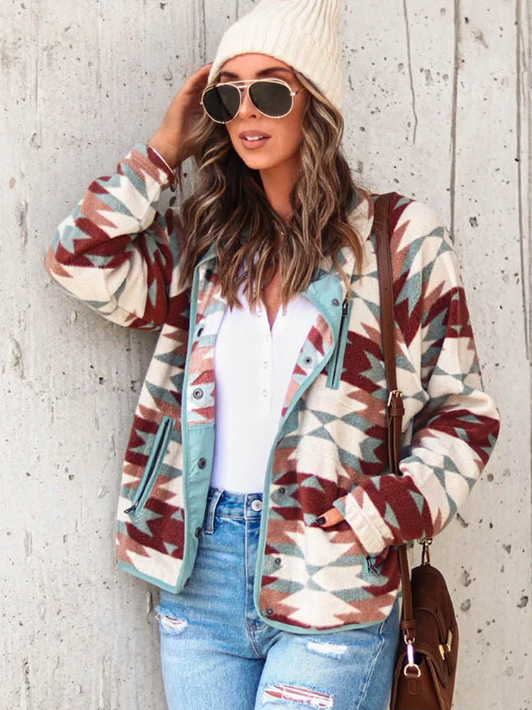 KHALEE YOSE Aztec Pattern Women Jacket Coat Fleece Autumn Winter Warm Button Pockets Casual Ladies Bomber Jacket Outerwear New