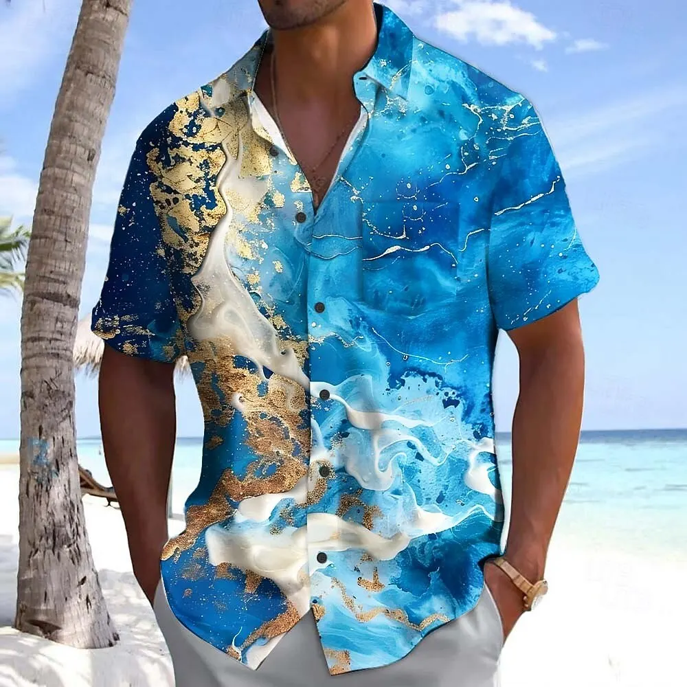 

Men's Marble Abstract Liquid Art Color-blocking Shirt Button Up Shirt Short Sleeve Fashion Summer Shirts Front One pockets