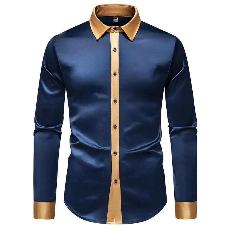Spring Men's Satin Luxury Color Blocked Shirts Fashion Smooth Tuxedo Long Sleeve Shirt Wedding Party Prom Casual Shirt Business