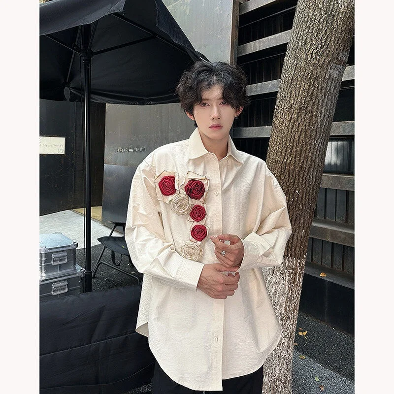 

Мужская рубашка с длинным рукавом, свободного кроя, из дышащего полиэстера, с дизайнерским принтом «Пылающие розы», для весенне-летнего сезона, в городском стиле