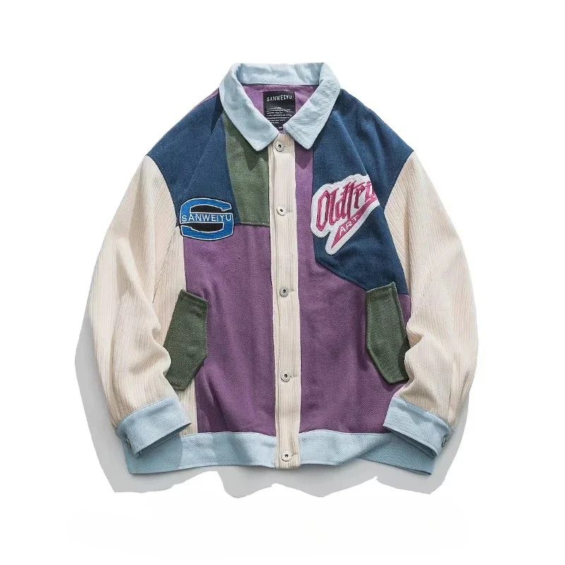 male and female Varsity Bomber Jacket Vintage Japanese Patchwork Baseball Coat Letter Embroidery Autumn Loose Jacket Color Block