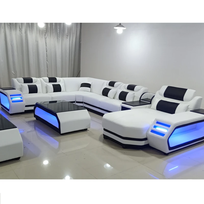 Top Grain Genuine Leather Sofa Super Modern Style LED Lamps Living Room Sofa Set Sectional L Shape Sofa Set Recliner