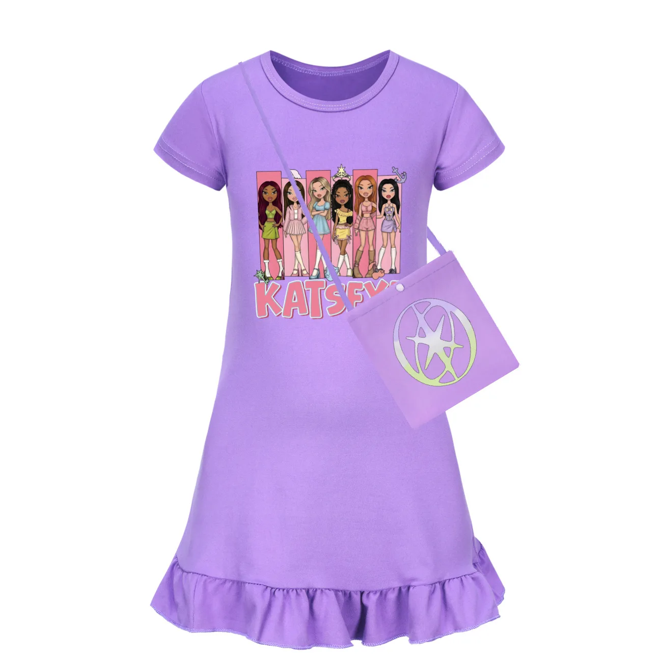 Korean Girls Band KATSEYE Clothes Baby Girls Flying Sleeve Nightdress Dresses with Small Bag Fashionable dress Birthday Vestidos
