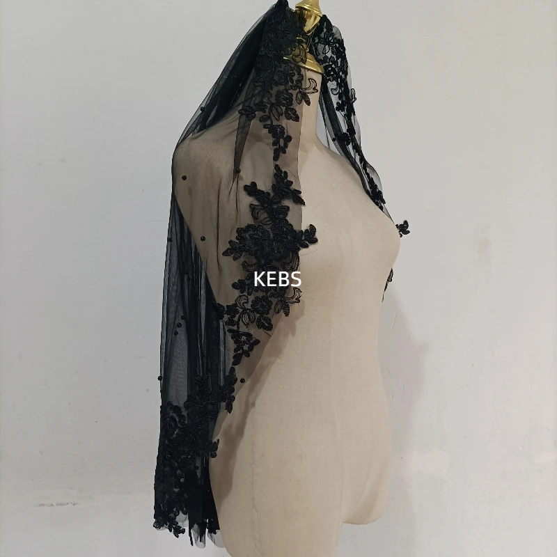 100 cm Long Black Bride Pearl Veil Fingertip Length