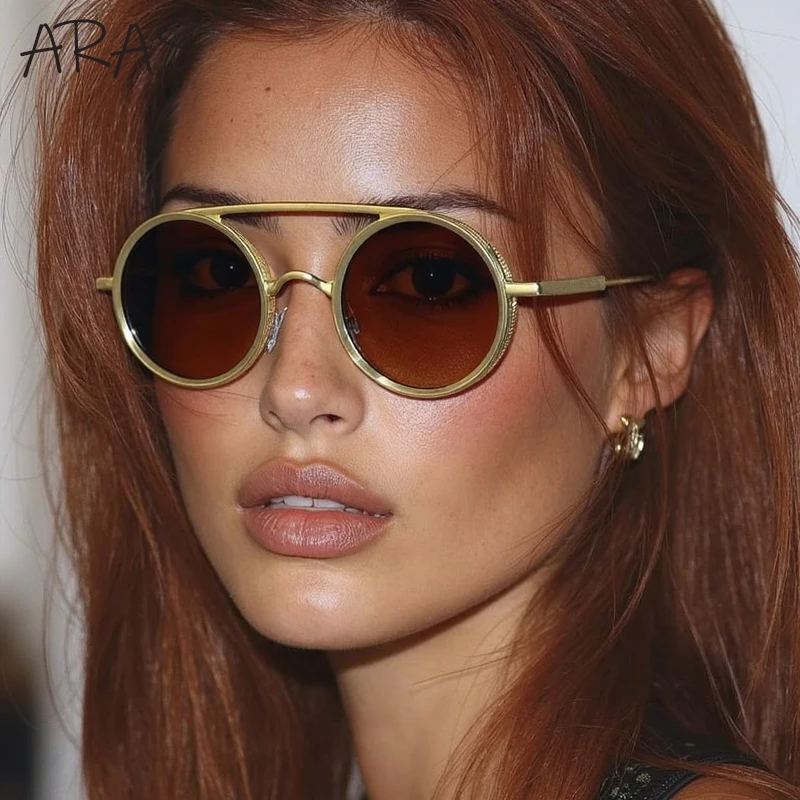 

Vintage Punk Round Sunglasses Women 2025 Luxury Brand Steampunk Double Beam Sunglass Metal Frame Eyewear For Lady UV400 Shades