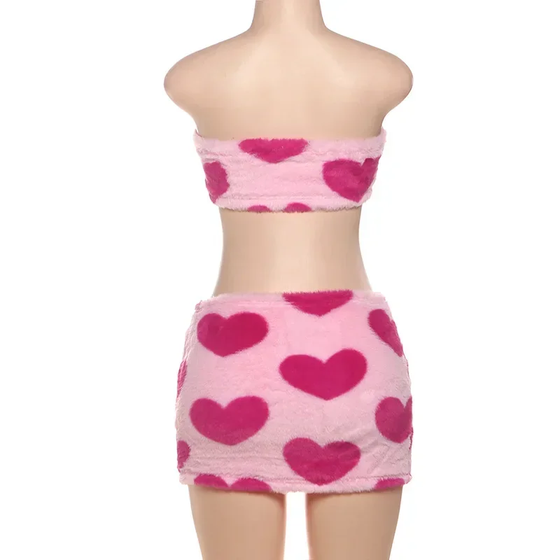 Women Sexy Love Heart Print Furry 2 Piece Set Fall Winter Tube Crop Tops + Bodycon Mini Skirts Party Clubwear Suits Streetwear