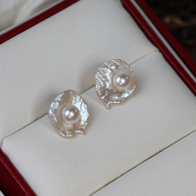 Poached egg natural pearl earrings petal French retro original design 925 silver needle