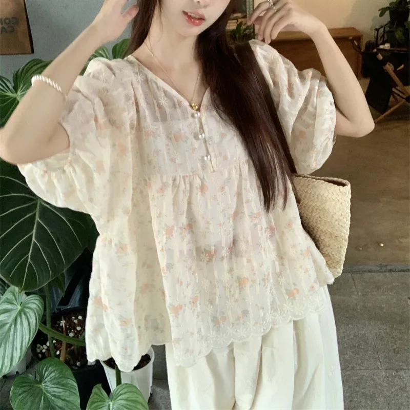 

Women's Summer V-Neck Printed Pullover Floral Gauze Chiffon Lantern Short Sleeve T-shirt Elegant Casual Office Lady Party Tops