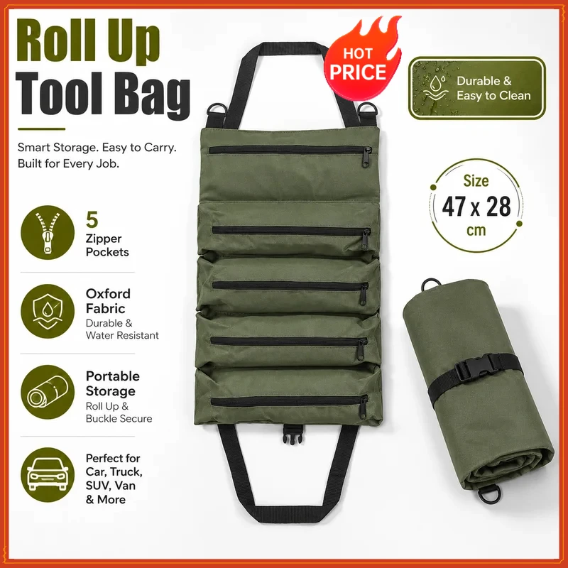 Sac à outils robuste à enrouler, organisateur multi-outils en tissu Oxford pour mécaniciens, électriciens, charpentiers, rangement de garage