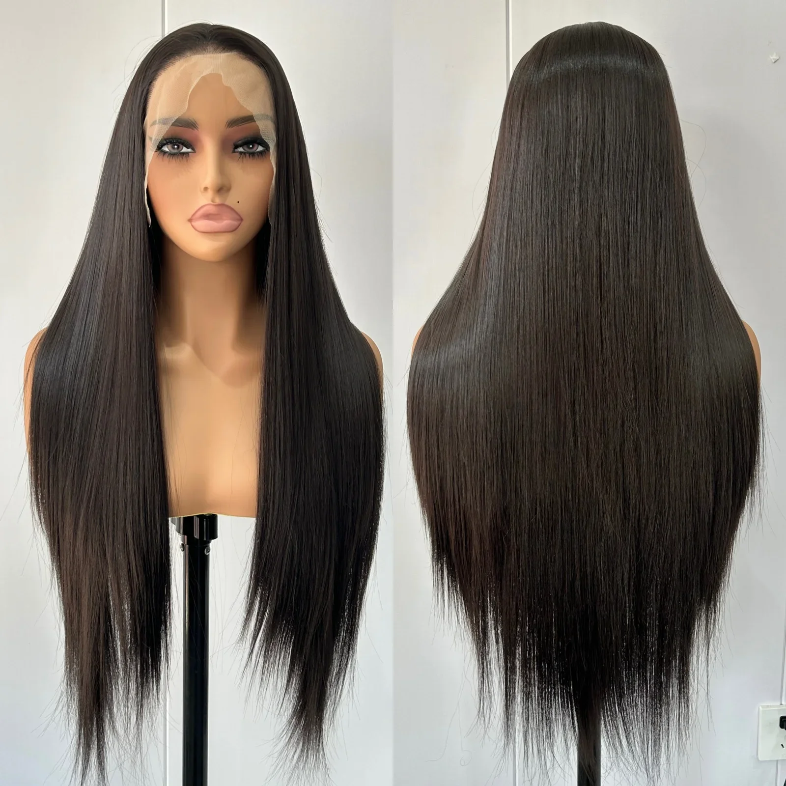 

Soft 26Inch Long 180 Density Black Straight Lace Front Wigs For Women With Bangs Baby Hair Synthetic Fiber Deep Part Daily