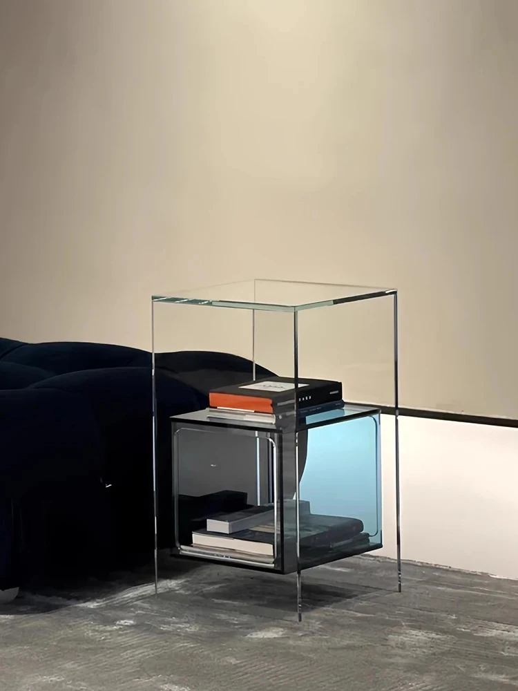 

Tempered Glass Sofa Side Table Living Room Storage Italian Minimalist Bedside Storage Side Cabinet