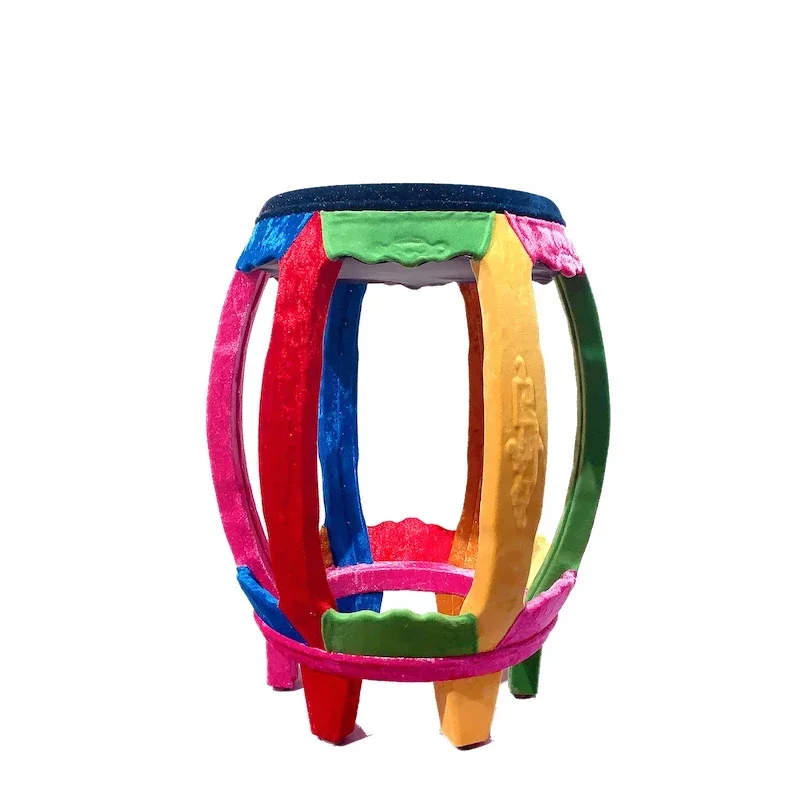 New Chinese-style colored drum stool, fabric splicing low stool, rounded corners, flower racks, tea stool