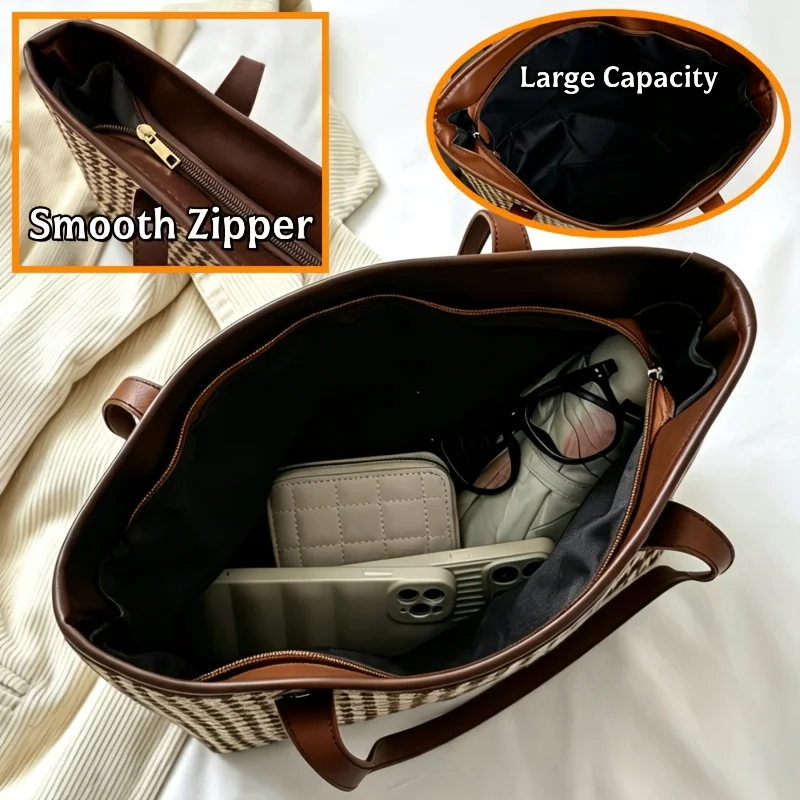 Lässige Tragetasche mit Hahnentrittmuster, Große Schultertasche mit Braunen Lederriemen, Vielseitig für Alltag und Ausflüge – Detail 6