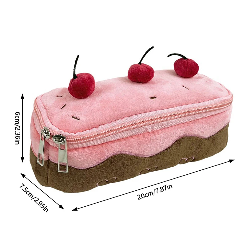 Cute Plush Cherry Cake Pencil Case Saco cosmético de alto valor Saco de papelaria de estudante Saco de armazenamento Grande capacidade