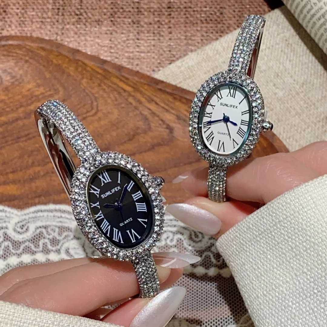 Sunlifex كامل الماس ووتش المرأة الفضة اليد الإسورة سوار ساعات الكوارتز السيدات ساعة اليد Relogio Feminino Saati