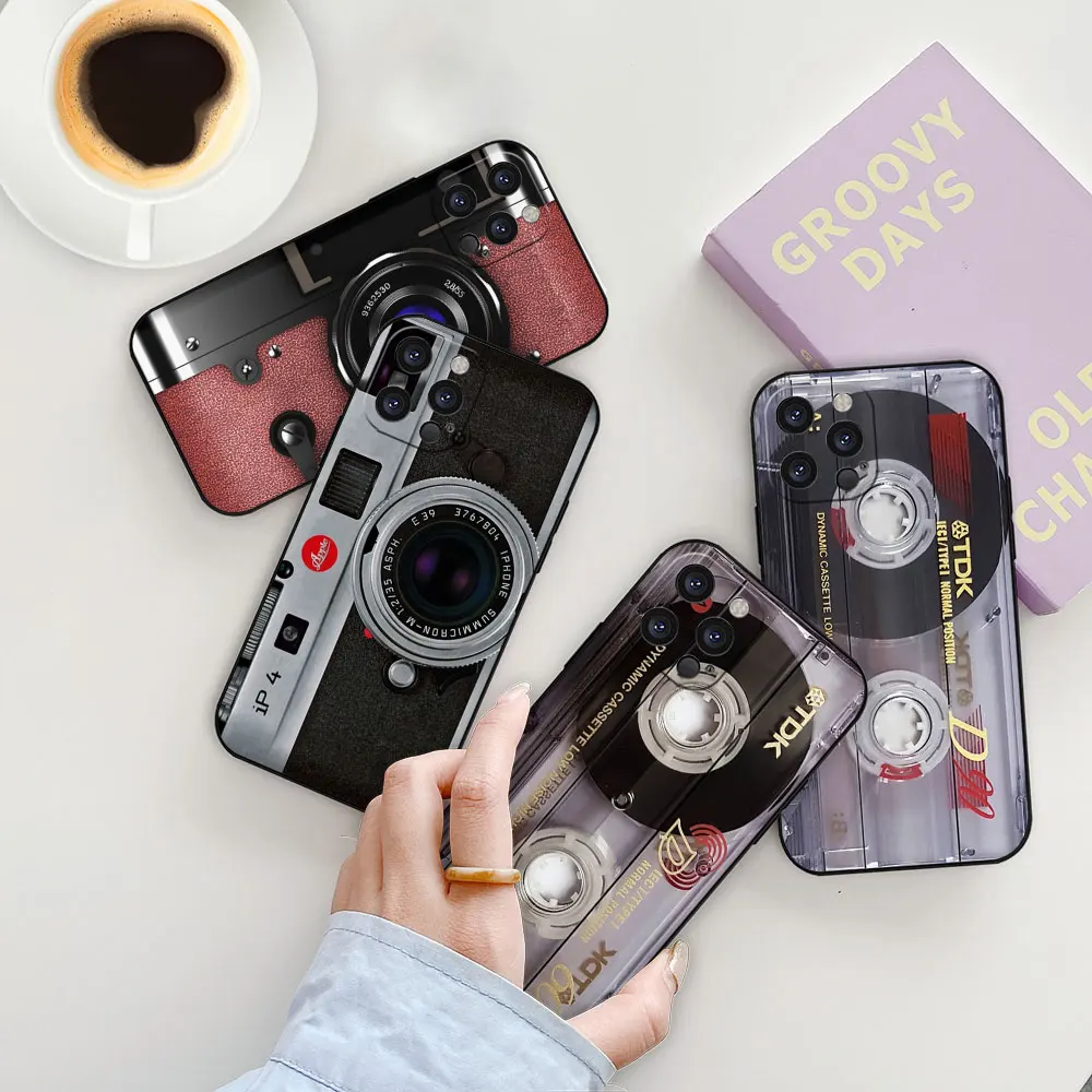 Retro Magnetic Tape Cassette Camera Phone Case For Apple iPhone 15 14 13 12 11 16 Max Mini 7 8 Plus X XS XR SE Black Soft Cover