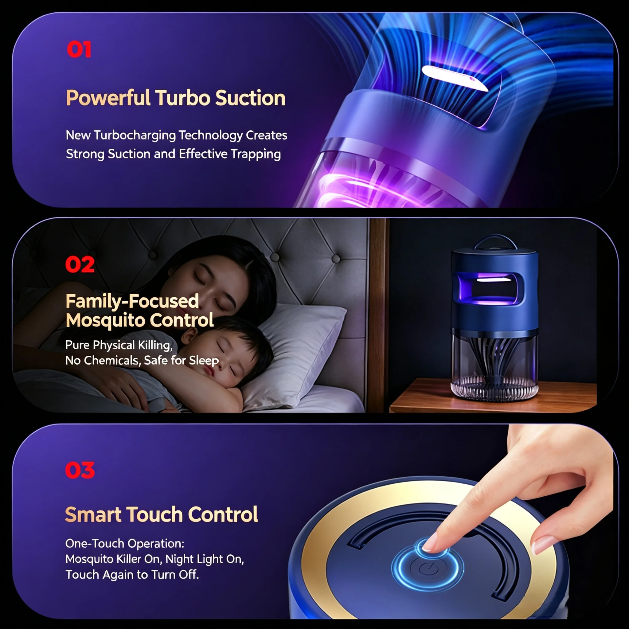HOMEFISH 720° Full Surround Suction Mosquito Trap USB Powered Indoor LED Mosquito Killer Lamp Quiet Bug Catcher for Home Bedroom