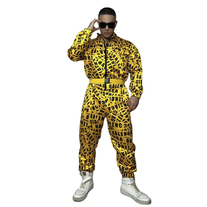 Hip Hop Overalls Yellow Letter Printing Jumpsuit Male Women DJ Jazz Gogo Dance Costume Bar Club Party Show Performance Clothes